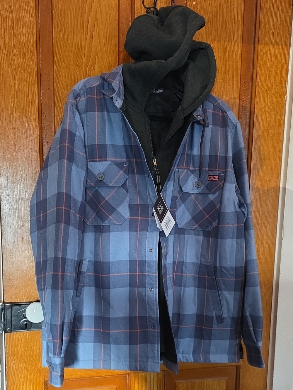 Drake Blue Plaid Shacket with Black Hooded Layer